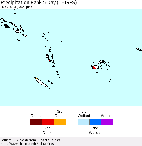 Fiji, Samoa, Solomon Isl. and Vanuatu Precipitation Rank since 1981, 5-Day (CHIRPS) Thematic Map For 3/26/2023 - 3/31/2023