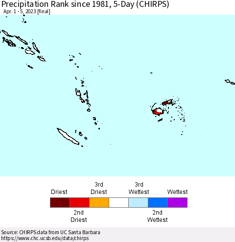 Fiji, Samoa, Solomon Isl. and Vanuatu Precipitation Rank since 1981, 5-Day (CHIRPS) Thematic Map For 4/1/2023 - 4/5/2023