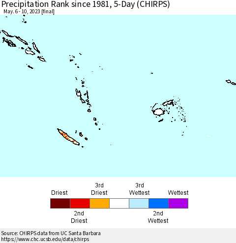 Fiji, Samoa, Solomon Isl. and Vanuatu Precipitation Rank since 1981, 5-Day (CHIRPS) Thematic Map For 5/6/2023 - 5/10/2023