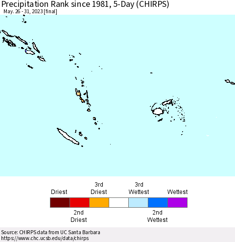 Fiji, Samoa, Solomon Isl. and Vanuatu Precipitation Rank since 1981, 5-Day (CHIRPS) Thematic Map For 5/26/2023 - 5/31/2023