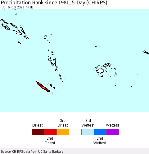 Fiji, Samoa, Solomon Isl. and Vanuatu Precipitation Rank since 1981, 5-Day (CHIRPS) Thematic Map For 7/6/2023 - 7/10/2023