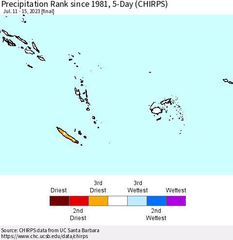 Fiji, Samoa, Solomon Isl. and Vanuatu Precipitation Rank since 1981, 5-Day (CHIRPS) Thematic Map For 7/11/2023 - 7/15/2023
