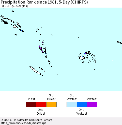 Fiji, Samoa, Solomon Isl. and Vanuatu Precipitation Rank since 1981, 5-Day (CHIRPS) Thematic Map For 7/16/2023 - 7/20/2023