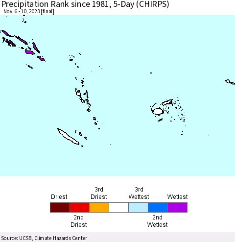 Fiji, Samoa, Solomon Isl. and Vanuatu Precipitation Rank since 1981, 5-Day (CHIRPS) Thematic Map For 11/6/2023 - 11/10/2023
