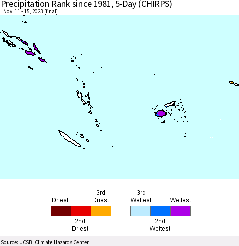 Fiji, Samoa, Solomon Isl. and Vanuatu Precipitation Rank since 1981, 5-Day (CHIRPS) Thematic Map For 11/11/2023 - 11/15/2023