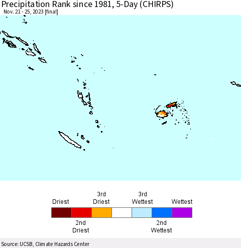 Fiji, Samoa, Solomon Isl. and Vanuatu Precipitation Rank since 1981, 5-Day (CHIRPS) Thematic Map For 11/21/2023 - 11/25/2023
