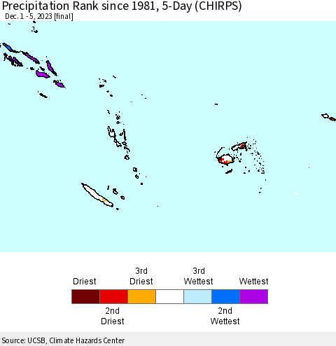 Fiji, Samoa, Solomon Isl. and Vanuatu Precipitation Rank since 1981, 5-Day (CHIRPS) Thematic Map For 12/1/2023 - 12/5/2023