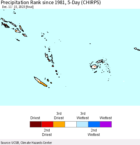 Fiji, Samoa, Solomon Isl. and Vanuatu Precipitation Rank since 1981, 5-Day (CHIRPS) Thematic Map For 12/11/2023 - 12/15/2023