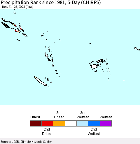 Fiji, Samoa, Solomon Isl. and Vanuatu Precipitation Rank since 1981, 5-Day (CHIRPS) Thematic Map For 12/21/2023 - 12/25/2023