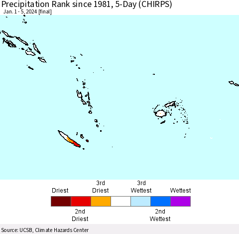 Fiji, Samoa, Solomon Isl. and Vanuatu Precipitation Rank since 1981, 5-Day (CHIRPS) Thematic Map For 1/1/2024 - 1/5/2024