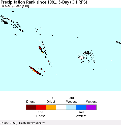 Fiji, Samoa, Solomon Isl. and Vanuatu Precipitation Rank since 1981, 5-Day (CHIRPS) Thematic Map For 1/26/2024 - 1/31/2024