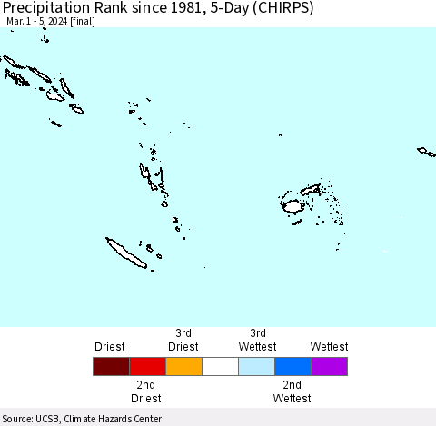 Fiji, Samoa, Solomon Isl. and Vanuatu Precipitation Rank since 1981, 5-Day (CHIRPS) Thematic Map For 3/1/2024 - 3/5/2024