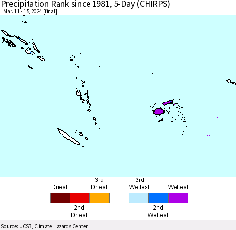 Fiji, Samoa, Solomon Isl. and Vanuatu Precipitation Rank since 1981, 5-Day (CHIRPS) Thematic Map For 3/11/2024 - 3/15/2024