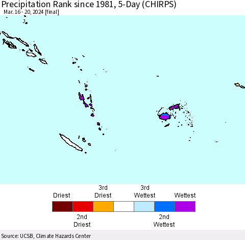 Fiji, Samoa, Solomon Isl. and Vanuatu Precipitation Rank since 1981, 5-Day (CHIRPS) Thematic Map For 3/16/2024 - 3/20/2024