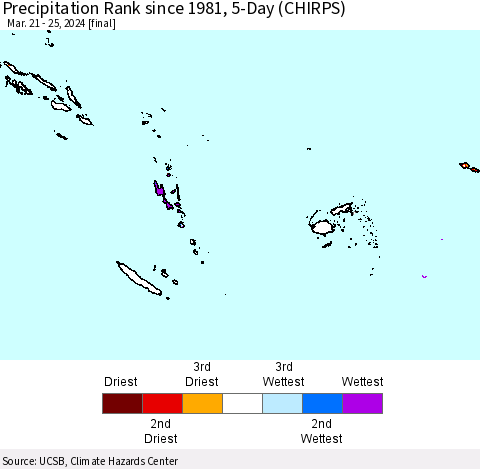 Fiji, Samoa, Solomon Isl. and Vanuatu Precipitation Rank since 1981, 5-Day (CHIRPS) Thematic Map For 3/21/2024 - 3/25/2024