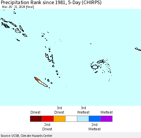 Fiji, Samoa, Solomon Isl. and Vanuatu Precipitation Rank since 1981, 5-Day (CHIRPS) Thematic Map For 3/26/2024 - 3/31/2024