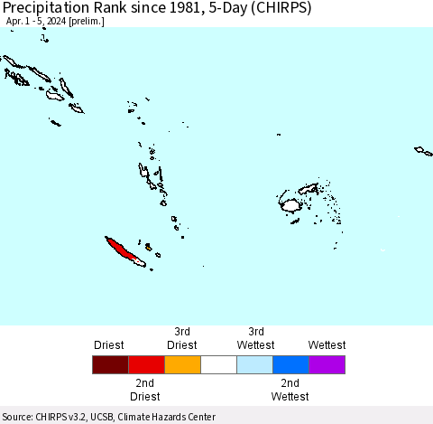 Fiji, Samoa, Solomon Isl. and Vanuatu Precipitation Rank since 1981, 5-Day (CHIRPS) Thematic Map For 4/1/2024 - 4/5/2024