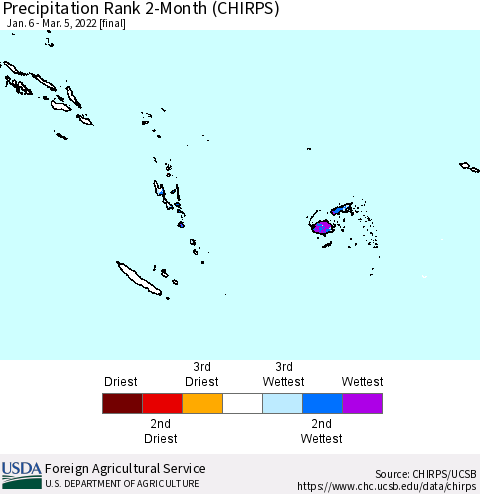 Fiji, Samoa, Solomon Isl. and Vanuatu Precipitation Rank since 1981, 2-Month (CHIRPS) Thematic Map For 1/6/2022 - 3/5/2022