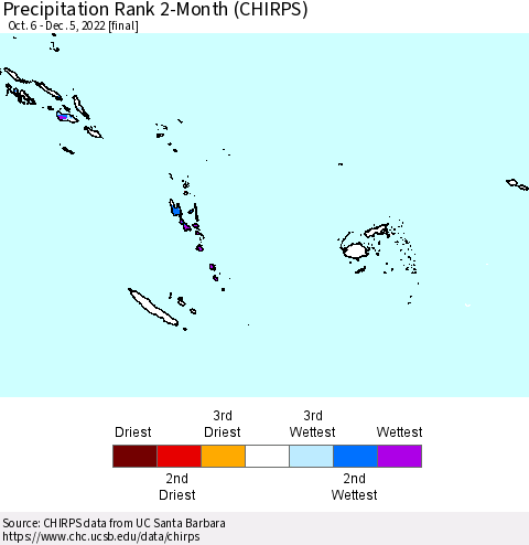 Fiji, Samoa, Solomon Isl. and Vanuatu Precipitation Rank since 1981, 2-Month (CHIRPS) Thematic Map For 10/6/2022 - 12/5/2022