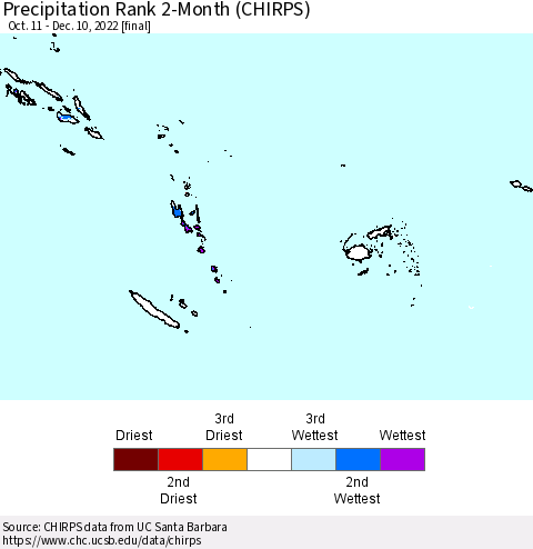 Fiji, Samoa, Solomon Isl. and Vanuatu Precipitation Rank since 1981, 2-Month (CHIRPS) Thematic Map For 10/11/2022 - 12/10/2022