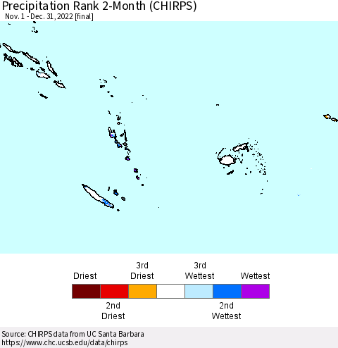 Fiji, Samoa, Solomon Isl. and Vanuatu Precipitation Rank since 1981, 2-Month (CHIRPS) Thematic Map For 11/1/2022 - 12/31/2022
