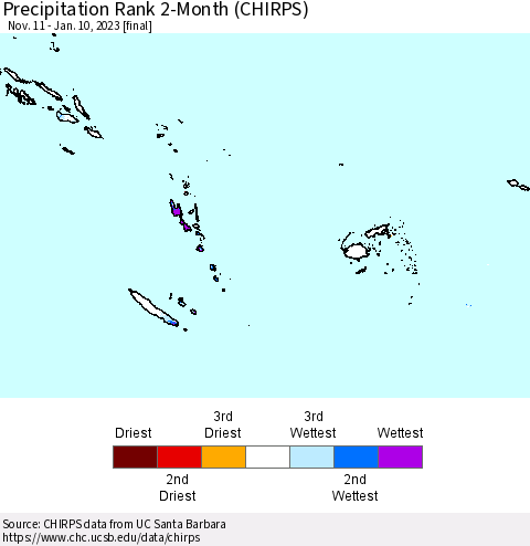Fiji, Samoa, Solomon Isl. and Vanuatu Precipitation Rank since 1981, 2-Month (CHIRPS) Thematic Map For 11/11/2022 - 1/10/2023