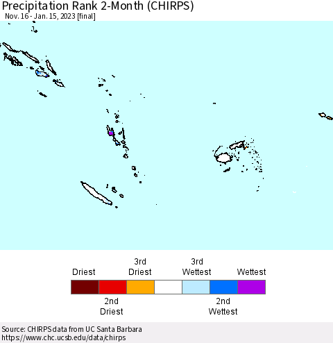 Fiji, Samoa, Solomon Isl. and Vanuatu Precipitation Rank since 1981, 2-Month (CHIRPS) Thematic Map For 11/16/2022 - 1/15/2023