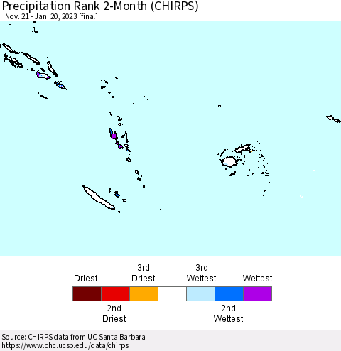 Fiji, Samoa, Solomon Isl. and Vanuatu Precipitation Rank since 1981, 2-Month (CHIRPS) Thematic Map For 11/21/2022 - 1/20/2023