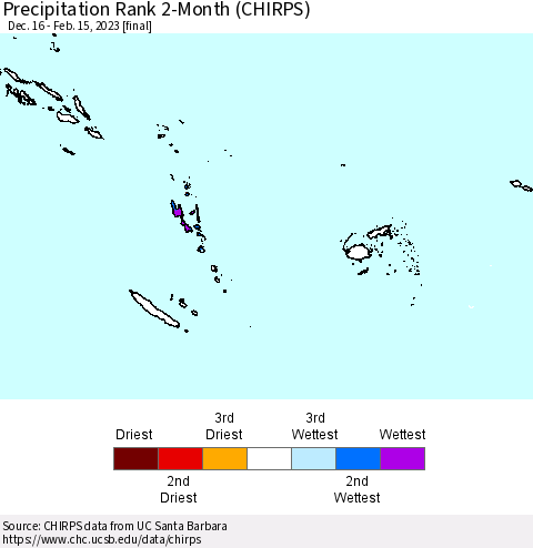 Fiji, Samoa, Solomon Isl. and Vanuatu Precipitation Rank since 1981, 2-Month (CHIRPS) Thematic Map For 12/16/2022 - 2/15/2023