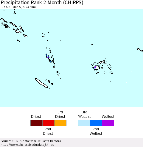 Fiji, Samoa, Solomon Isl. and Vanuatu Precipitation Rank since 1981, 2-Month (CHIRPS) Thematic Map For 1/6/2023 - 3/5/2023