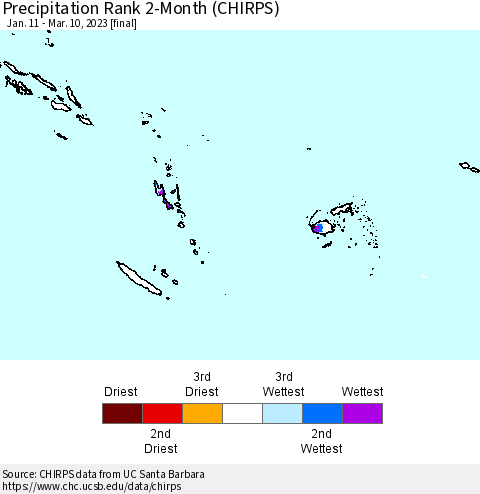 Fiji, Samoa, Solomon Isl. and Vanuatu Precipitation Rank since 1981, 2-Month (CHIRPS) Thematic Map For 1/11/2023 - 3/10/2023