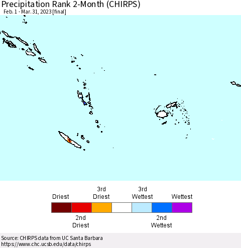 Fiji, Samoa, Solomon Isl. and Vanuatu Precipitation Rank since 1981, 2-Month (CHIRPS) Thematic Map For 2/1/2023 - 3/31/2023