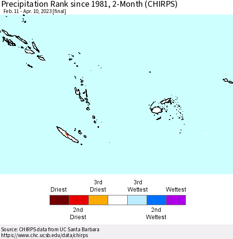 Fiji, Samoa, Solomon Isl. and Vanuatu Precipitation Rank since 1981, 2-Month (CHIRPS) Thematic Map For 2/11/2023 - 4/10/2023