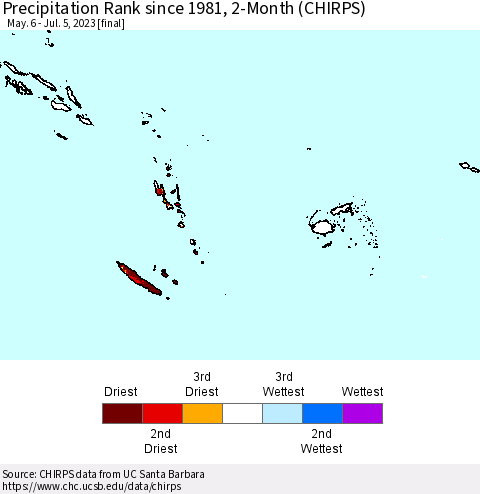 Fiji, Samoa, Solomon Isl. and Vanuatu Precipitation Rank since 1981, 2-Month (CHIRPS) Thematic Map For 5/6/2023 - 7/5/2023