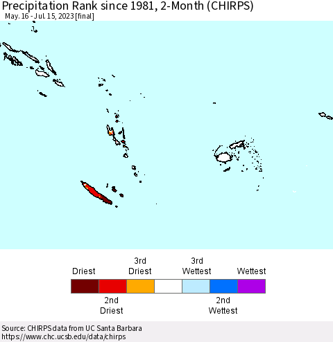 Fiji, Samoa, Solomon Isl. and Vanuatu Precipitation Rank since 1981, 2-Month (CHIRPS) Thematic Map For 5/16/2023 - 7/15/2023