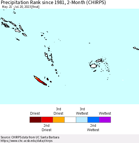 Fiji, Samoa, Solomon Isl. and Vanuatu Precipitation Rank since 1981, 2-Month (CHIRPS) Thematic Map For 5/21/2023 - 7/20/2023