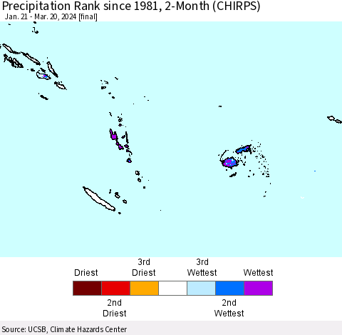 Fiji, Samoa, Solomon Isl. and Vanuatu Precipitation Rank since 1981, 2-Month (CHIRPS) Thematic Map For 1/21/2024 - 3/20/2024