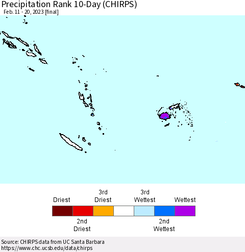 Fiji, Samoa, Solomon Isl. and Vanuatu Precipitation Rank since 1981, 10-Day (CHIRPS) Thematic Map For 2/11/2023 - 2/20/2023