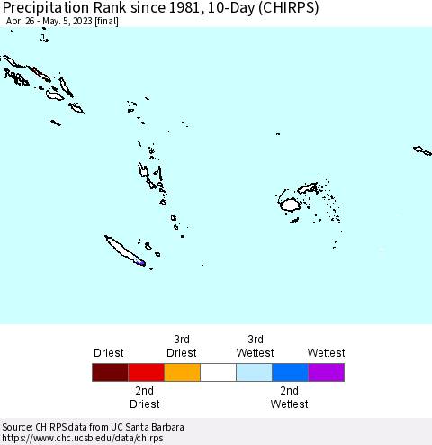 Fiji, Samoa, Solomon Isl. and Vanuatu Precipitation Rank since 1981, 10-Day (CHIRPS) Thematic Map For 4/26/2023 - 5/5/2023
