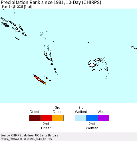 Fiji, Samoa, Solomon Isl. and Vanuatu Precipitation Rank since 1981, 10-Day (CHIRPS) Thematic Map For 5/6/2023 - 5/15/2023