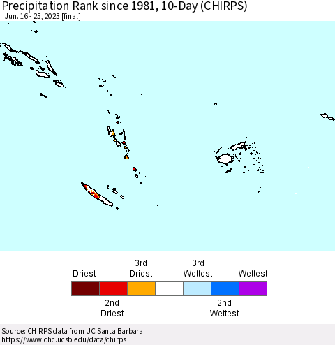 Fiji, Samoa, Solomon Isl. and Vanuatu Precipitation Rank since 1981, 10-Day (CHIRPS) Thematic Map For 6/16/2023 - 6/25/2023