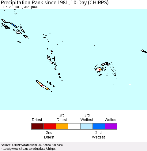 Fiji, Samoa, Solomon Isl. and Vanuatu Precipitation Rank since 1981, 10-Day (CHIRPS) Thematic Map For 6/26/2023 - 7/5/2023
