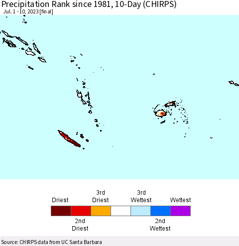 Fiji, Samoa, Solomon Isl. and Vanuatu Precipitation Rank since 1981, 10-Day (CHIRPS) Thematic Map For 7/1/2023 - 7/10/2023