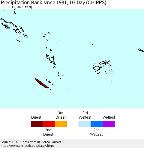 Fiji, Samoa, Solomon Isl. and Vanuatu Precipitation Rank since 1981, 10-Day (CHIRPS) Thematic Map For 7/6/2023 - 7/15/2023