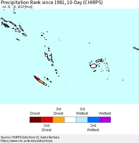 Fiji, Samoa, Solomon Isl. and Vanuatu Precipitation Rank since 1981, 10-Day (CHIRPS) Thematic Map For 7/21/2023 - 7/31/2023