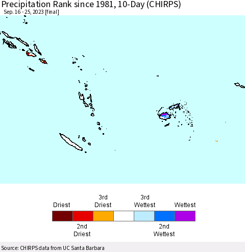Fiji, Samoa, Solomon Isl. and Vanuatu Precipitation Rank since 1981, 10-Day (CHIRPS) Thematic Map For 9/16/2023 - 9/25/2023