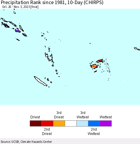 Fiji, Samoa, Solomon Isl. and Vanuatu Precipitation Rank since 1981, 10-Day (CHIRPS) Thematic Map For 10/26/2023 - 11/5/2023