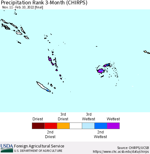 Fiji, Samoa, Solomon Isl. and Vanuatu Precipitation Rank since 1981, 3-Month (CHIRPS) Thematic Map For 11/11/2021 - 2/10/2022