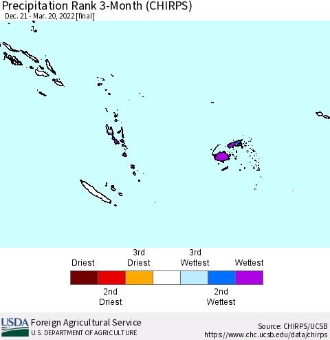 Fiji, Samoa, Solomon Isl. and Vanuatu Precipitation Rank since 1981, 3-Month (CHIRPS) Thematic Map For 12/21/2021 - 3/20/2022