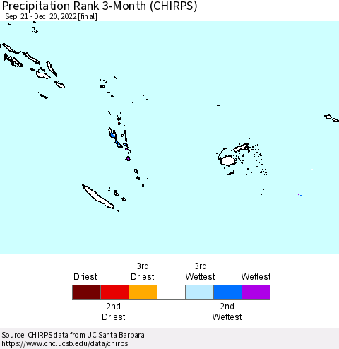 Fiji, Samoa, Solomon Isl. and Vanuatu Precipitation Rank since 1981, 3-Month (CHIRPS) Thematic Map For 9/21/2022 - 12/20/2022